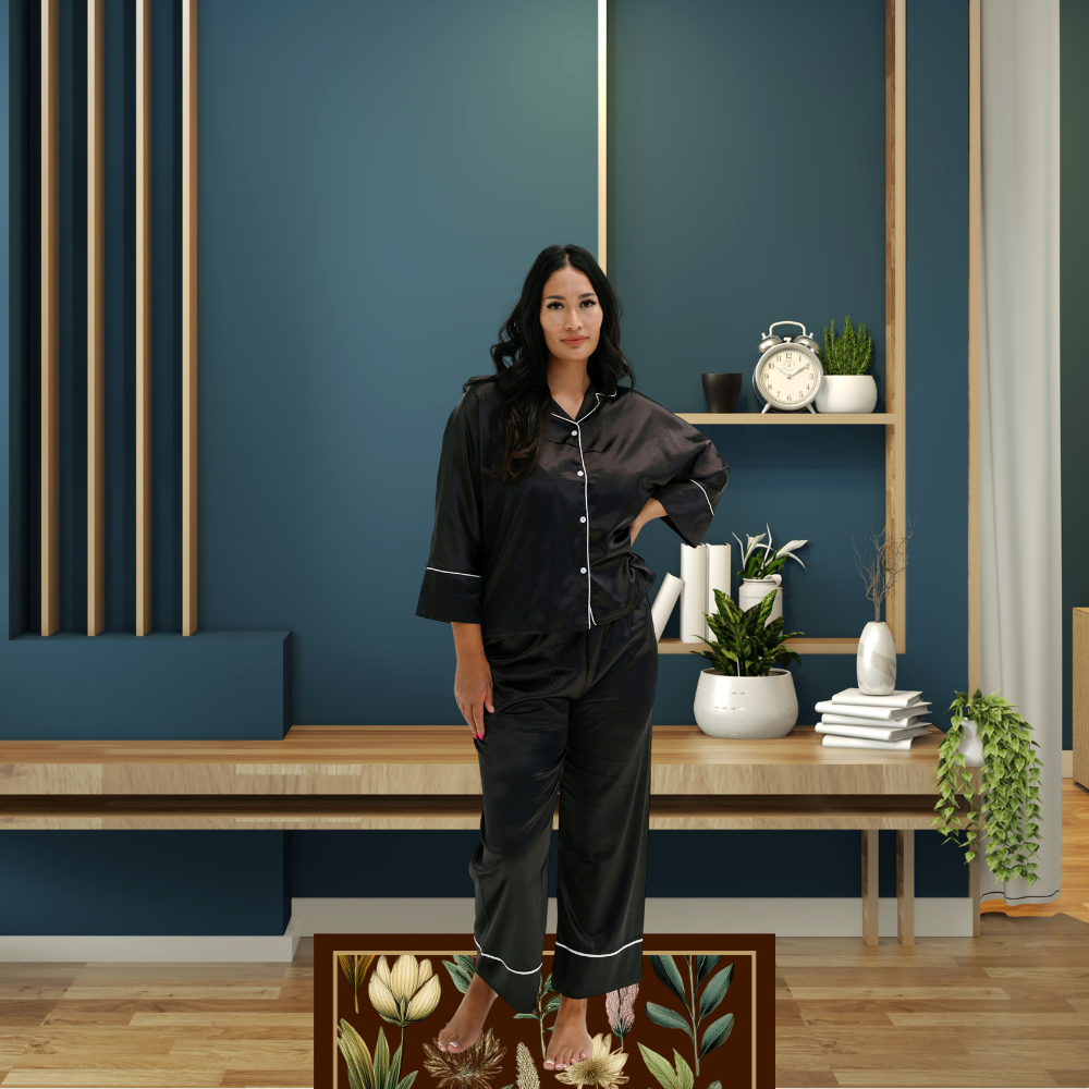 Shown in a modern, blue living room with a woman standing on it