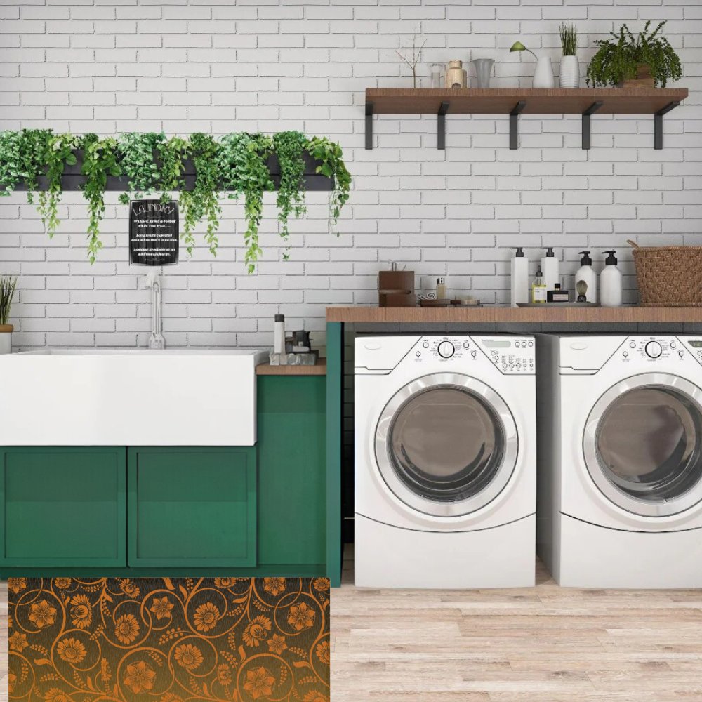 Shown in a modern farmhouse laundry room