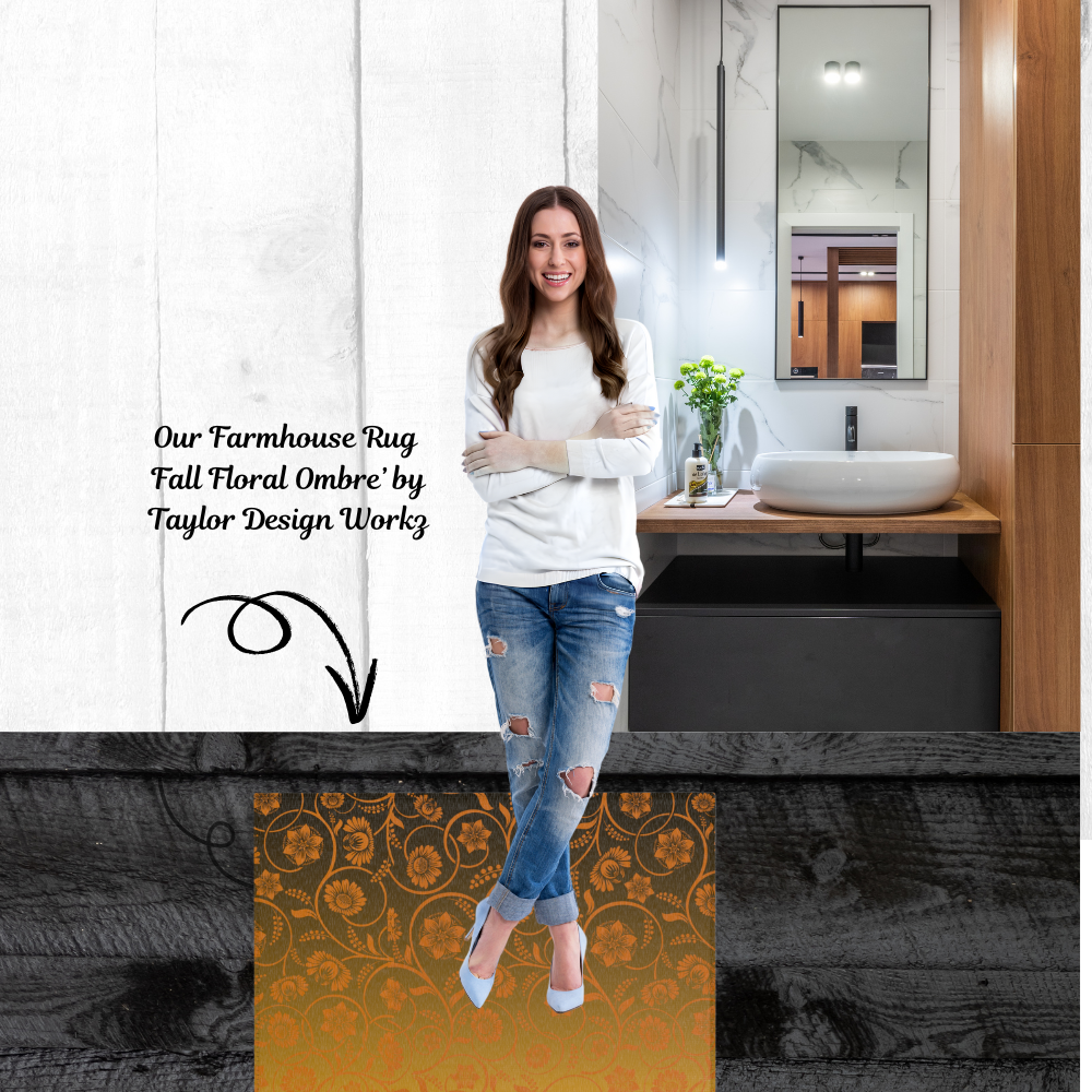 Shown in the entry to a bathroom with a woman standing on it