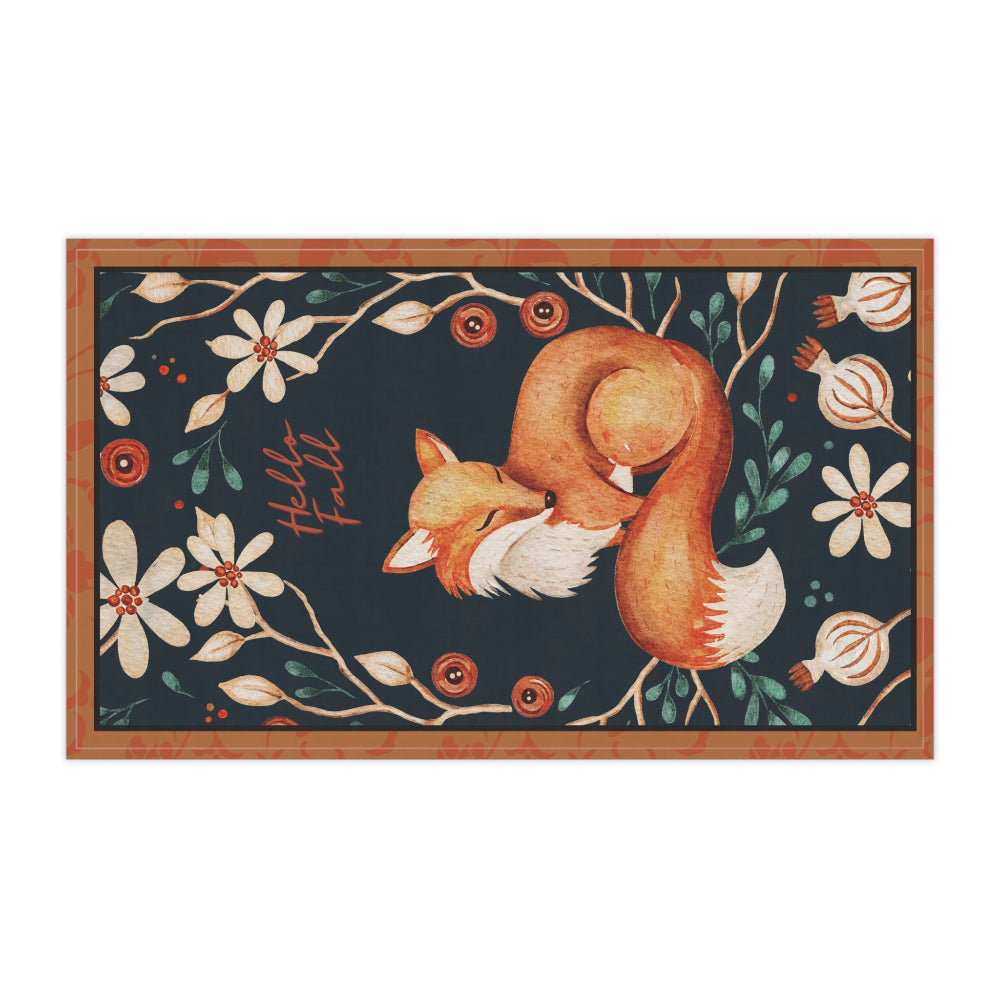 Tea Towel with fox and floral design on a dark background shown sideways
