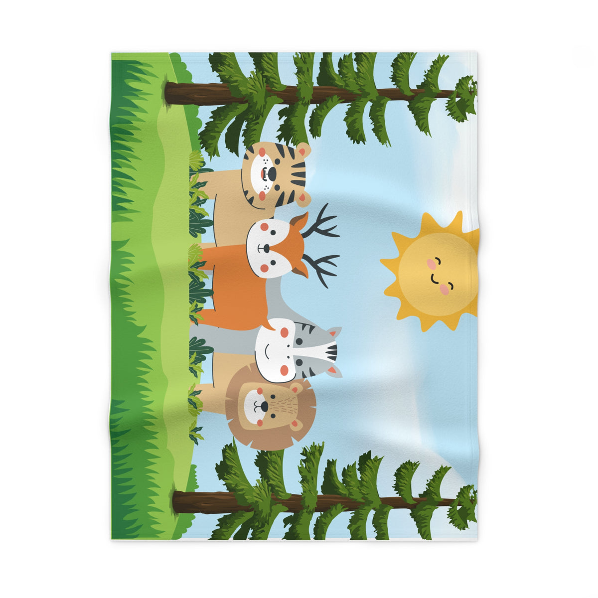 A rectangular blanket featuring a colorful cartoon forest scene with four cute animals peeking from behind trees and a smiling sun on a light blue sky.
