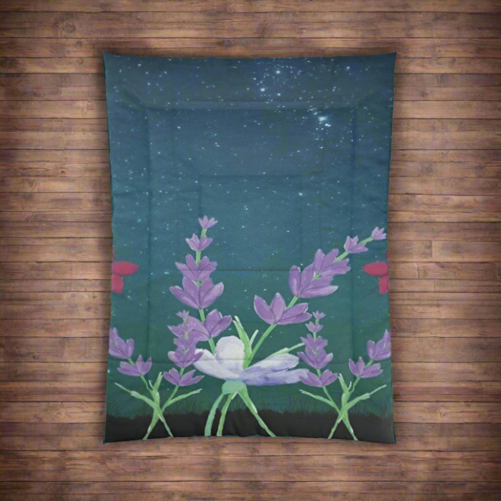 Floral design on a teal blue background with stars shown on a dark wood background
