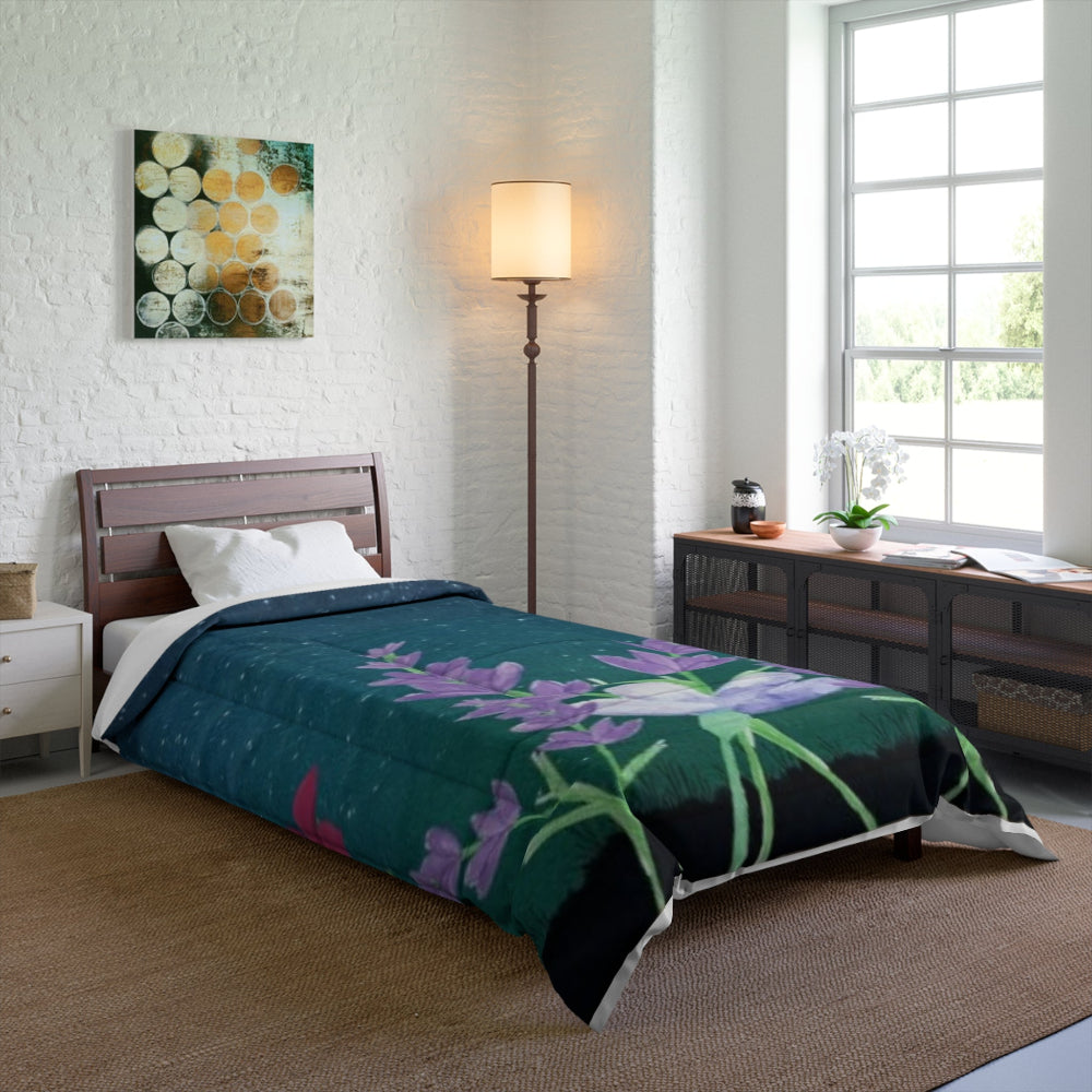 teal and lavender comforter shown on a twin size bed