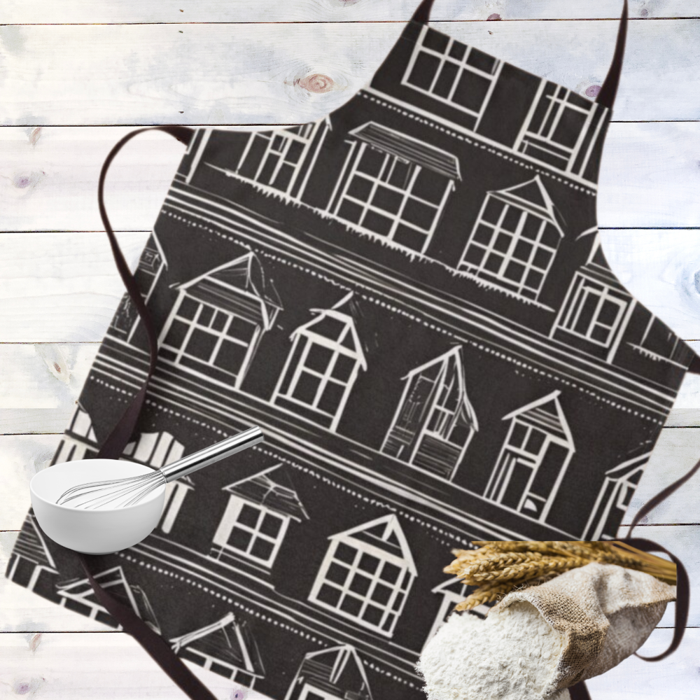 An apron featuring little white houses in rows on a black background.