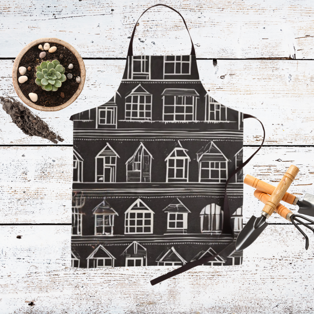 a farmhouse style black apron with rows of little white houses shown with garden supplies