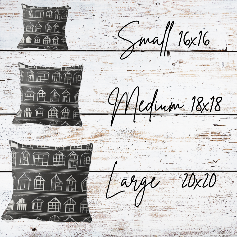 Three pillow sizes displayed with dimensions on a wooden background