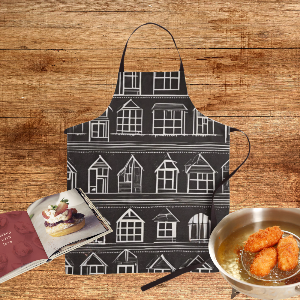 A black apron with rows of little white houses shown with kitchen items