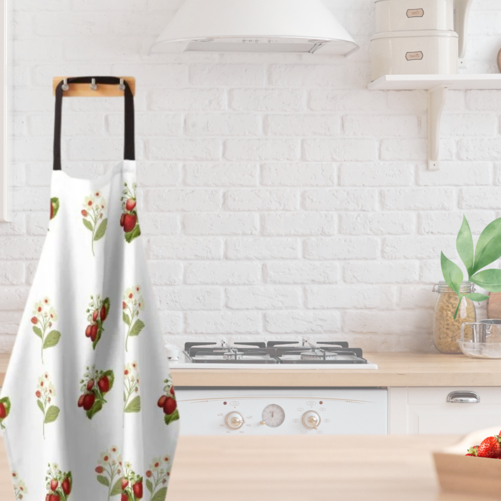 Apron-I Love Strawberries Nostalgic Strawberry Print shown in modern farmhouse style kitchen