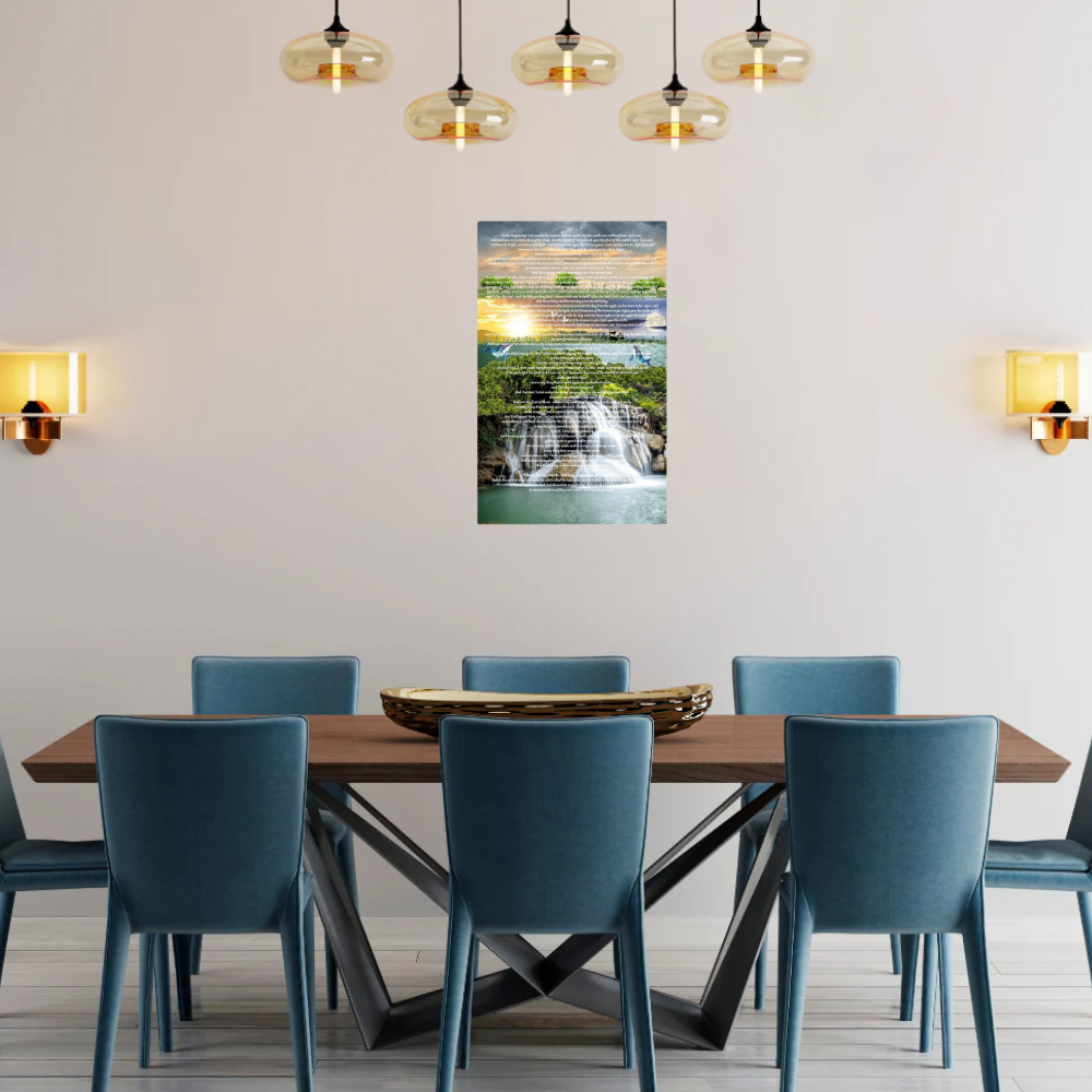 Shown in a modern dining area with blue chairs.