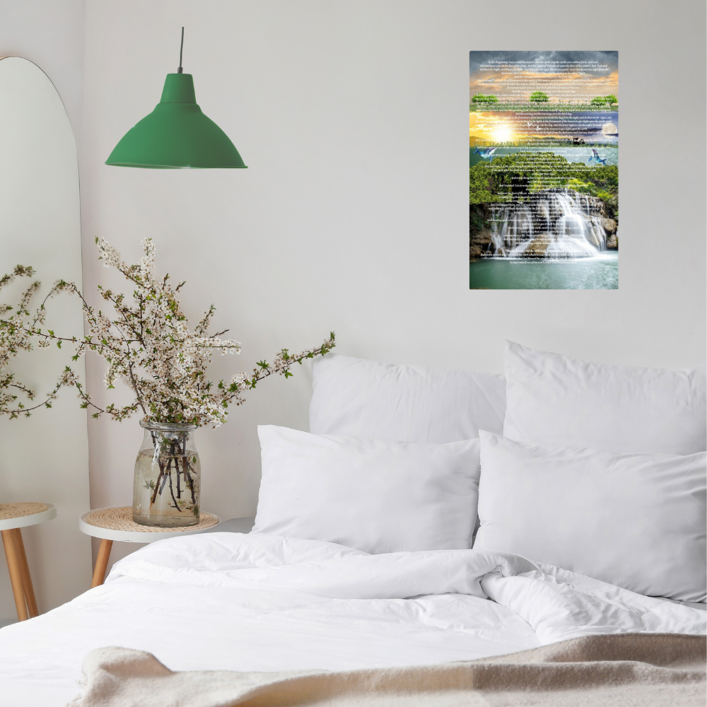 Shown in a bedroom with a green glass light.