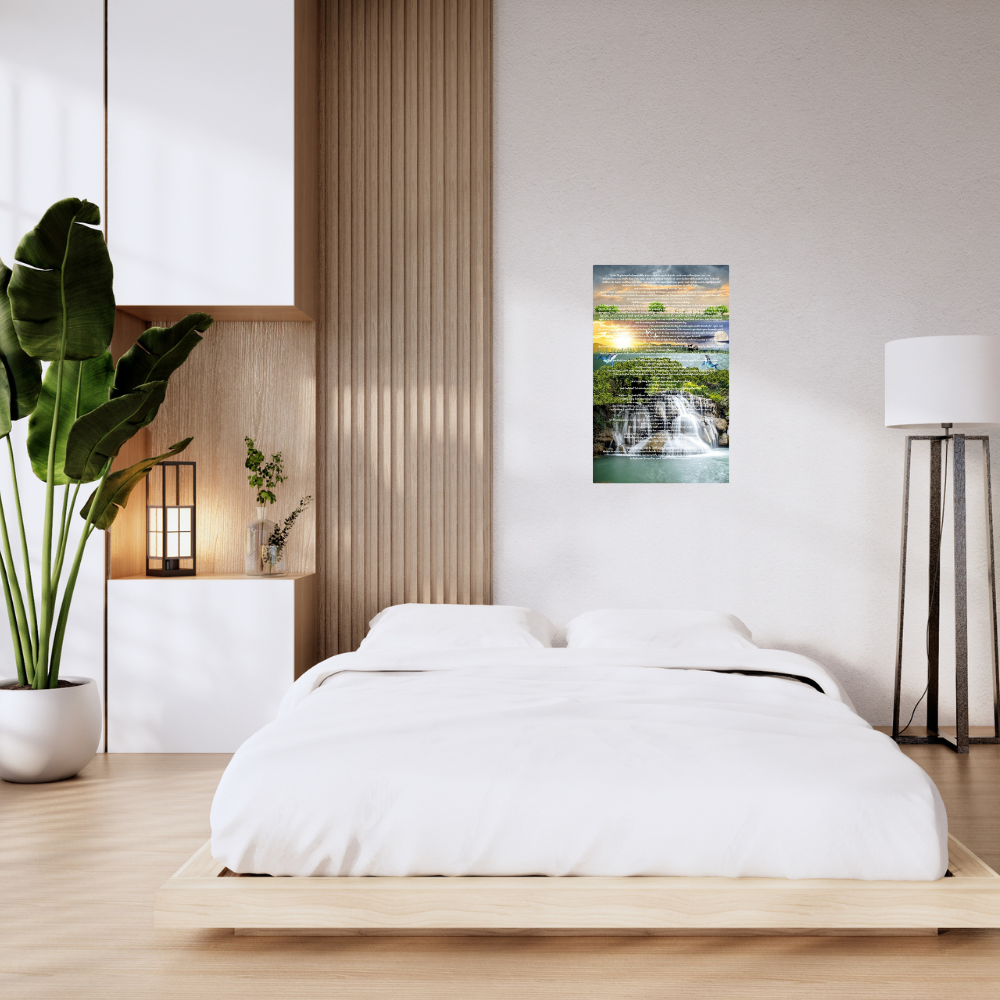 Shown in a modern bedroom with wood detailing on the wall behind the bed.