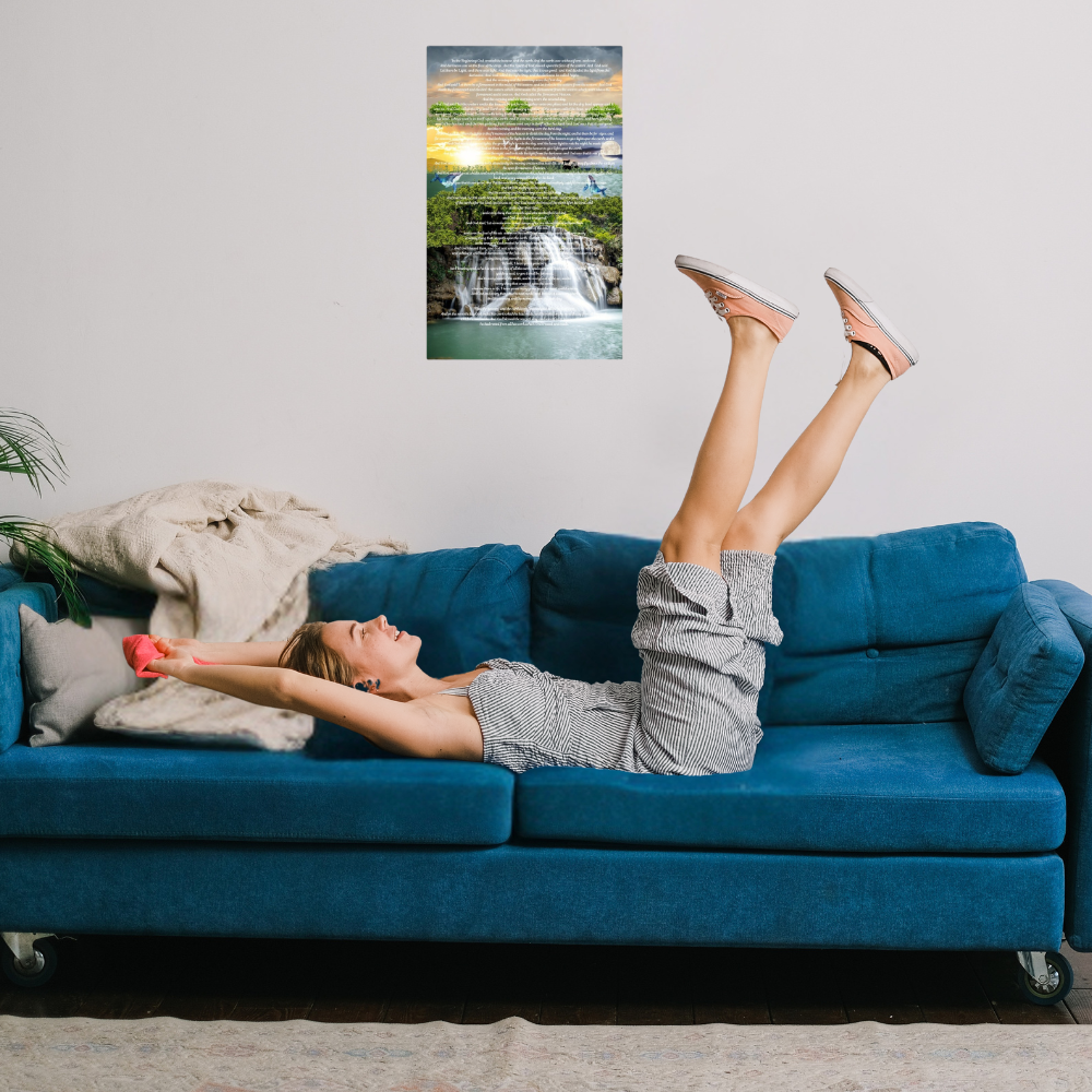 Shown in a living room with a rare find, a happy teenager on a blue couch.