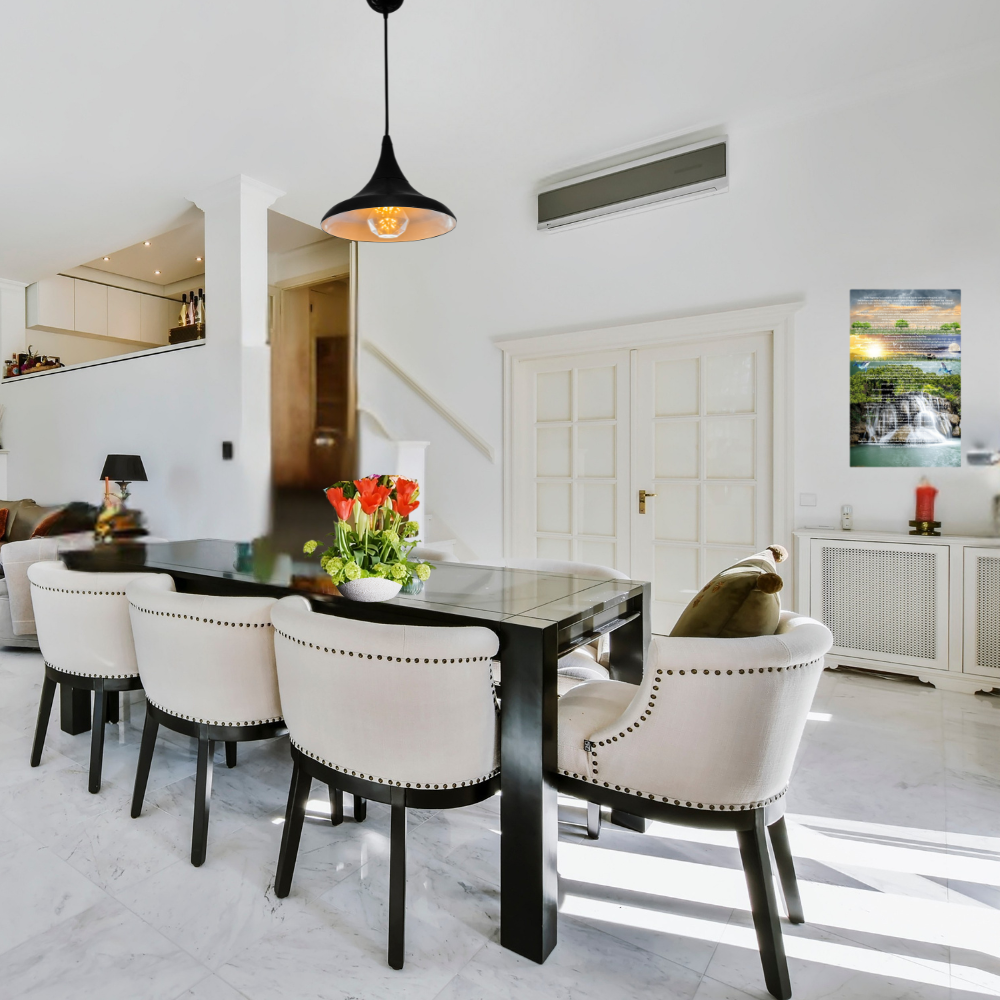 Shown in a modern farmhouse style dining room with white chairs trimmed in studs with black bases.