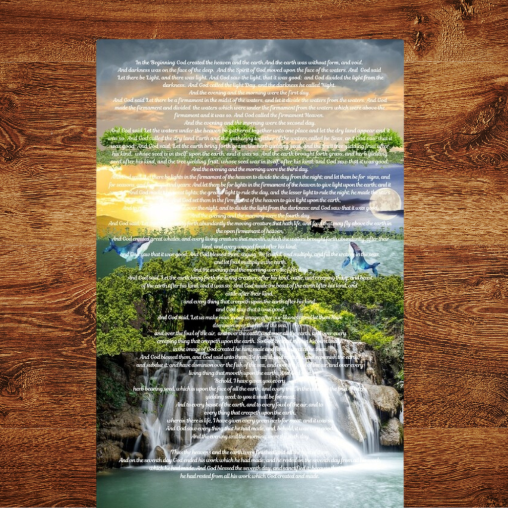 Creation Story Canvas wall art shown in detail on a dark wood background Canvas shows images that coordinate with the scriptures along with the text of the creation story in Genesis Chapter 1