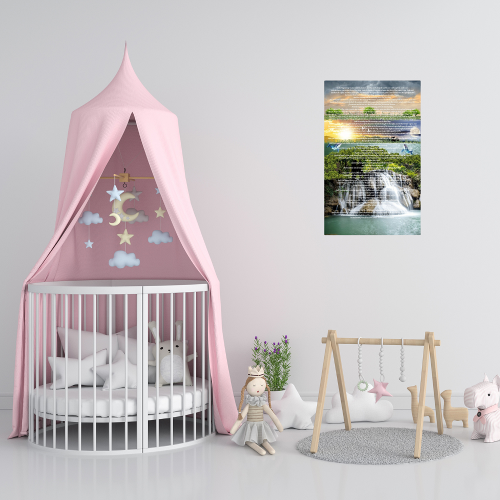 The creation story on canvas shown in a nursery with a crib and a pink canopy.