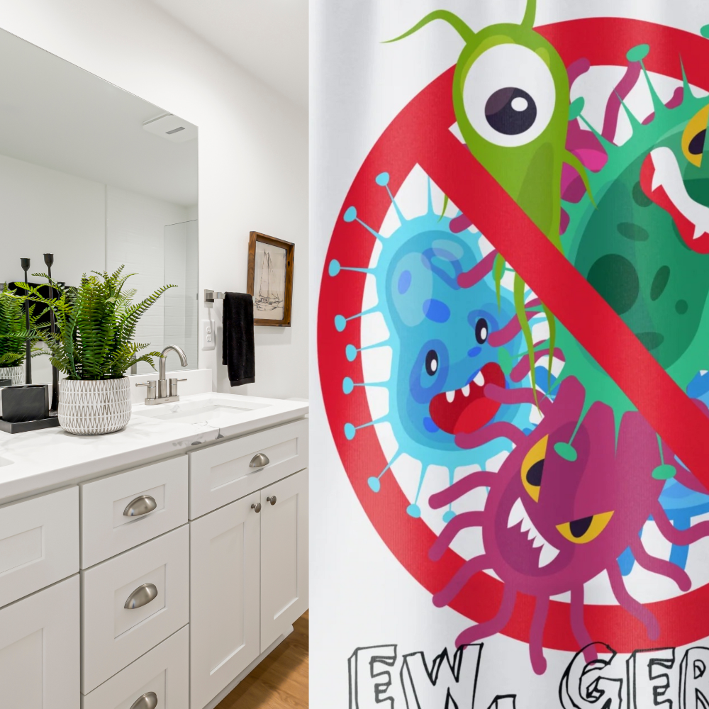 Colorful Kids Shower Curtain with the saying Ew Germs in a white bathroom
