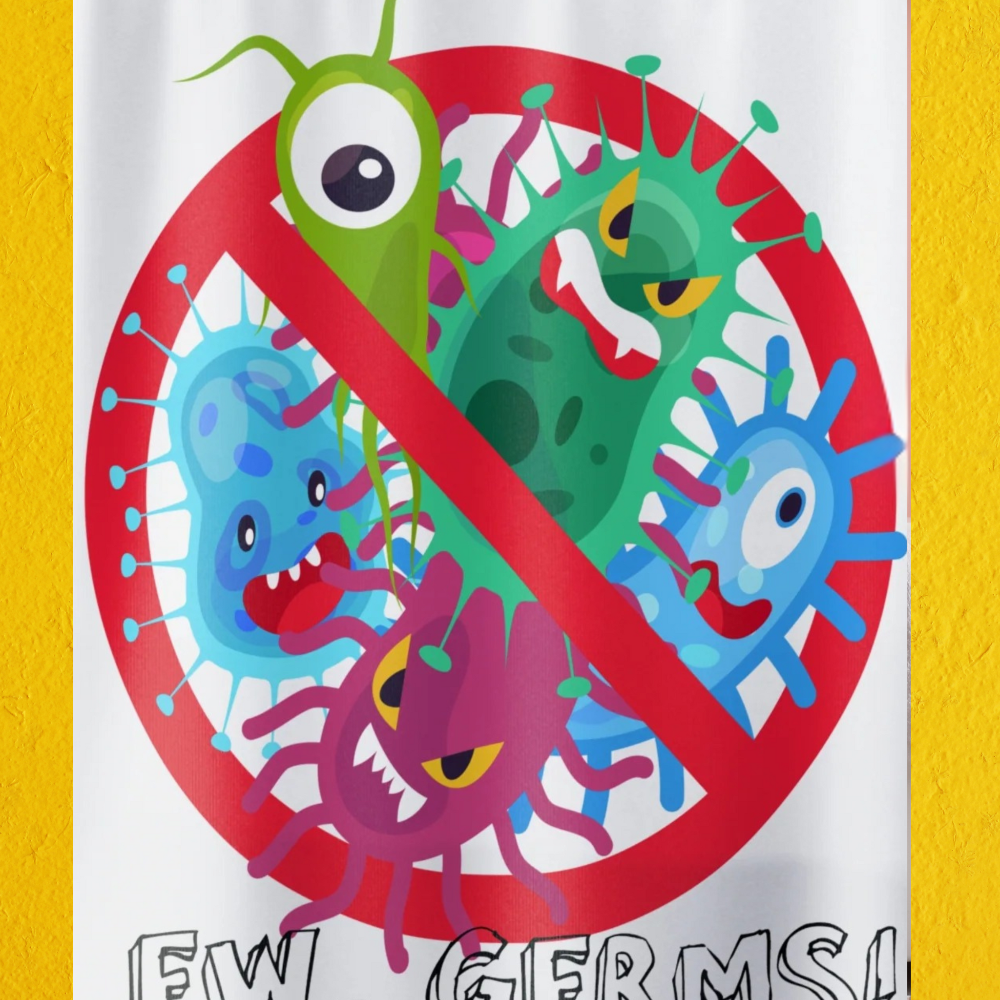 Cartoon illustration of germs with a red 'no' symbol on a white background shown in a lemon yellow bathroom