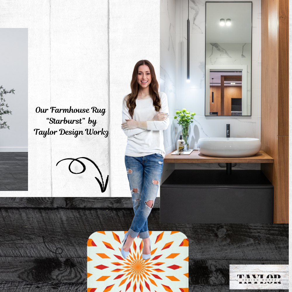 rug with vivid shades of orange on a white background shown with a woman standing in a bathroom