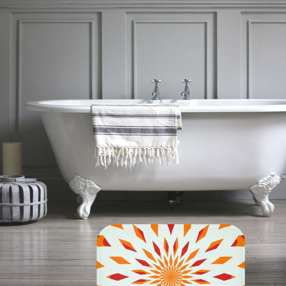 vivid rug in shades of orange shown in an elegant farmhouse bathroom