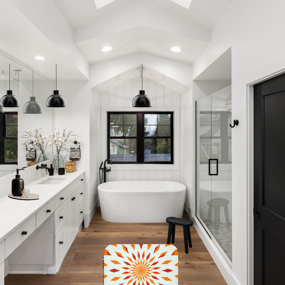shown in a modern black and white bathroom