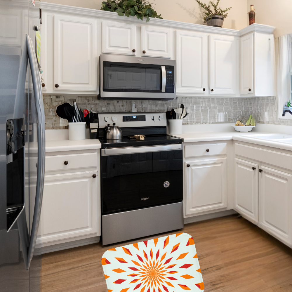 vivid shades of orange on a white background shown in a kitchen