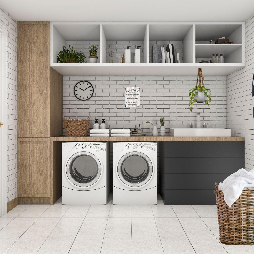 Laundry Room Decor wall art print shown in White in a modern laundry room