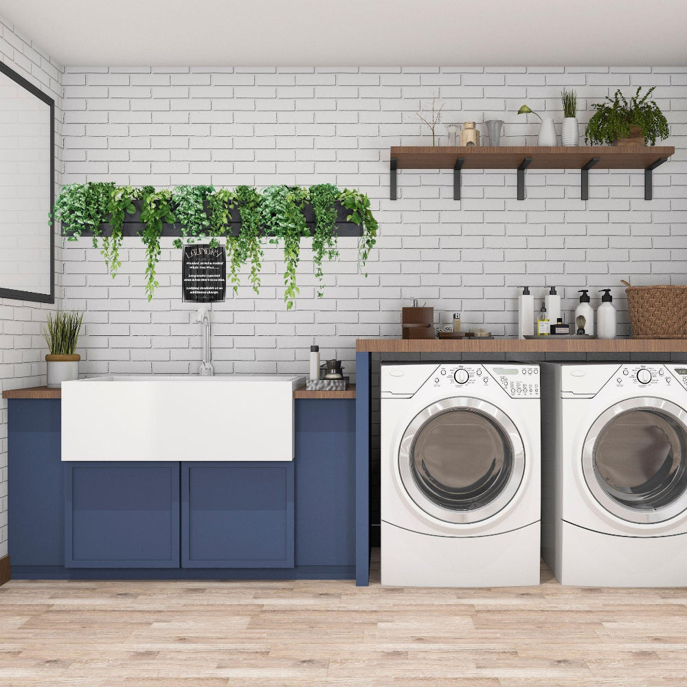 Laundry Room Decor wall art print shown in a modern blue laundry room