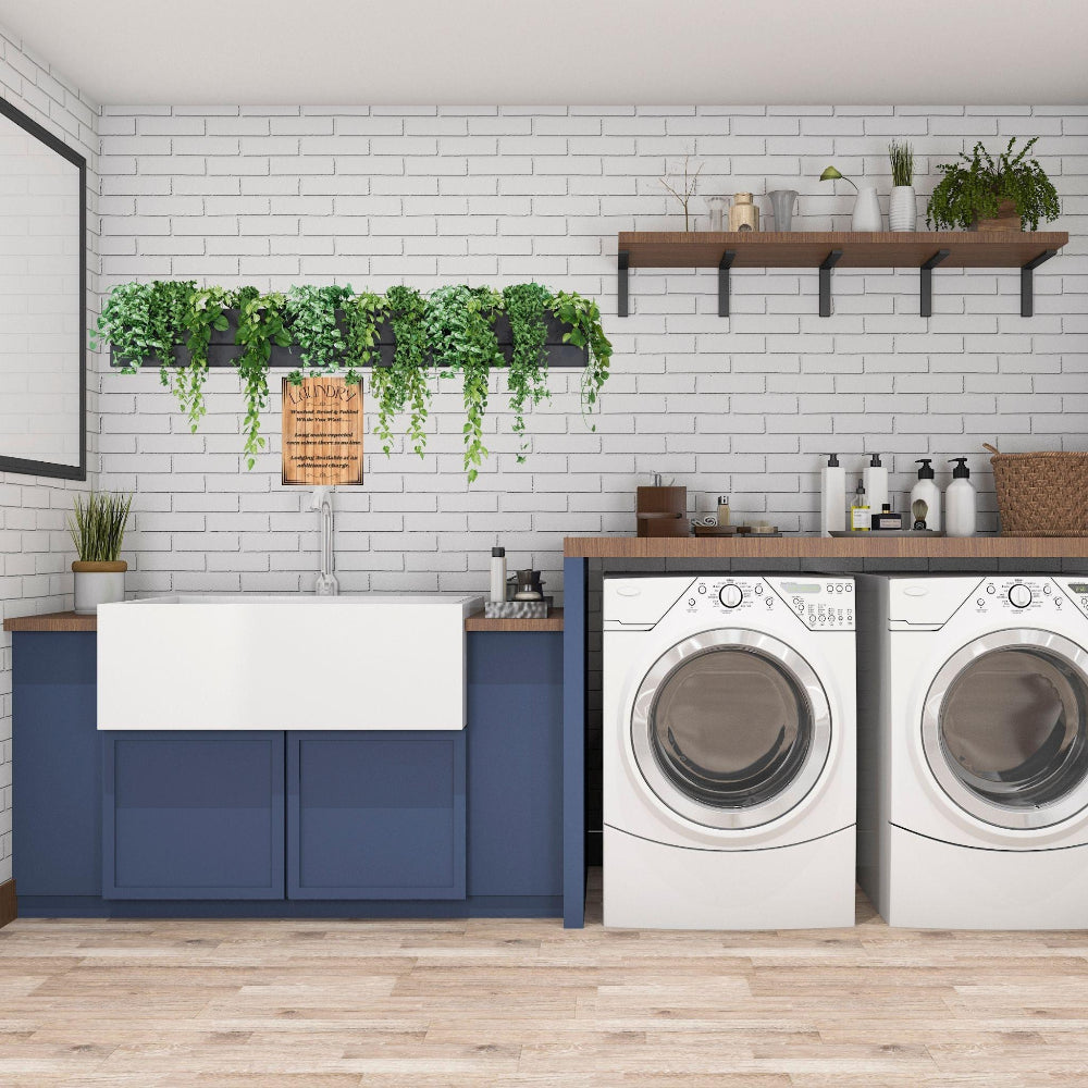 Laundry Room Decor wall art print shown in a contemporary blue laundry room