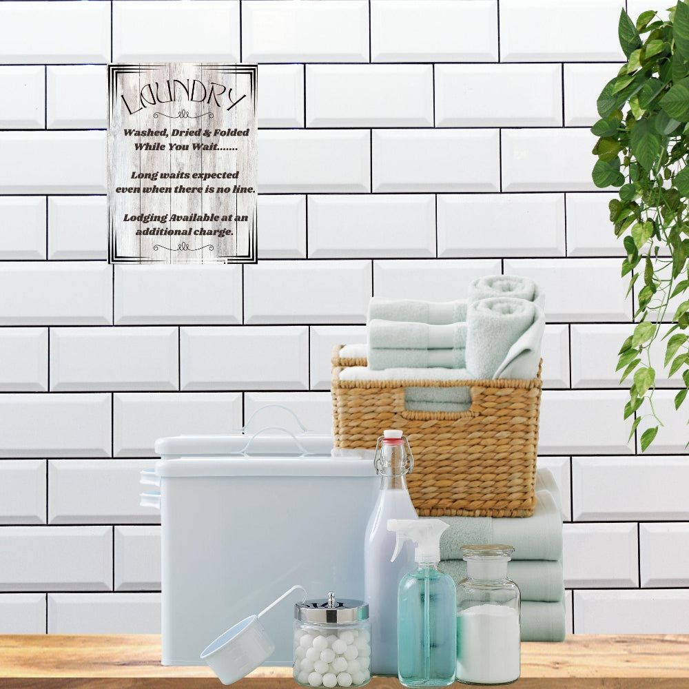 Laundry Room Decor wall art print shown in White on a white tile wall