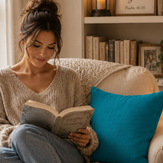 A woman sits on a cream-colored couch reading a book, wearing a beige knit sweater and blue jeans, with a bright blue pillow next to her and a bookshelf in the background.