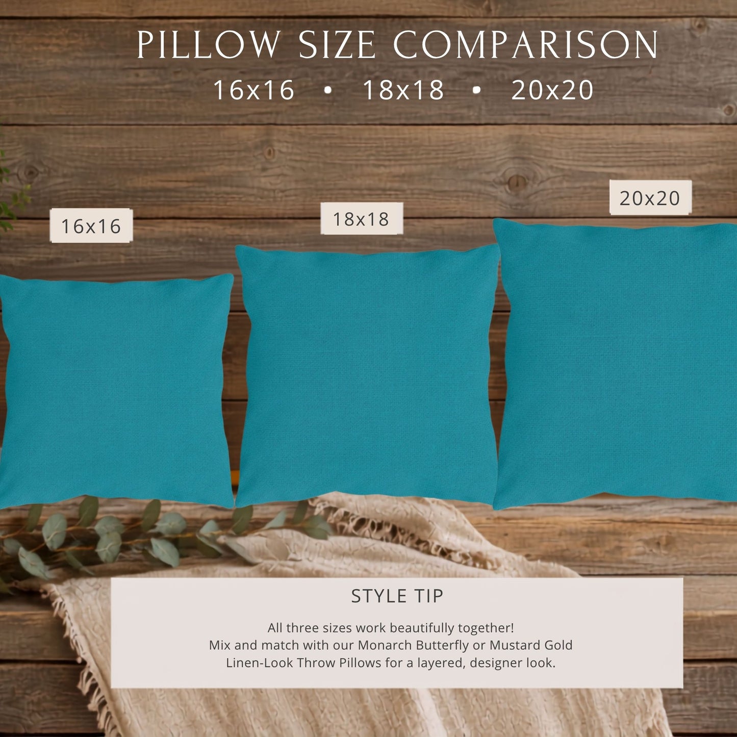 teal pillow size chart showing three sizes