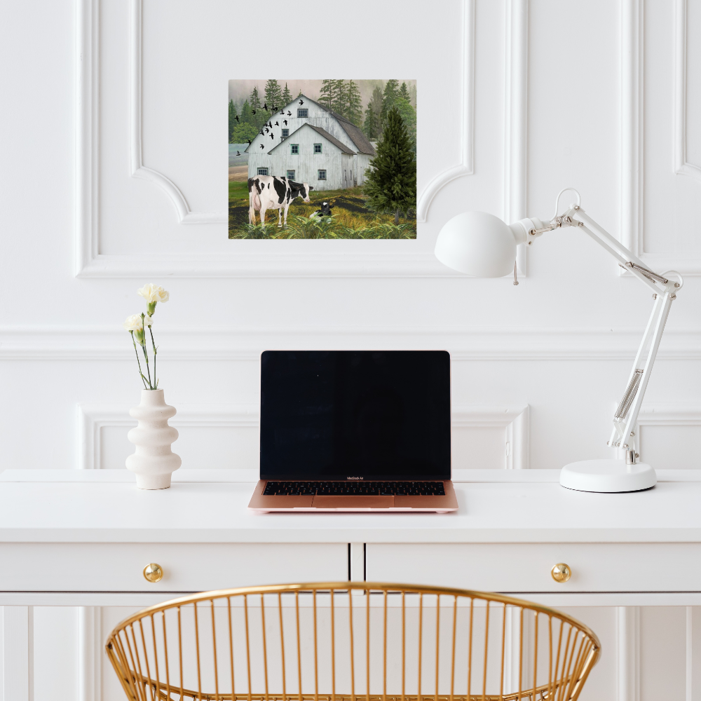 Nostalgic Barn landscape art with black and white cows shown in a luxe home office setting