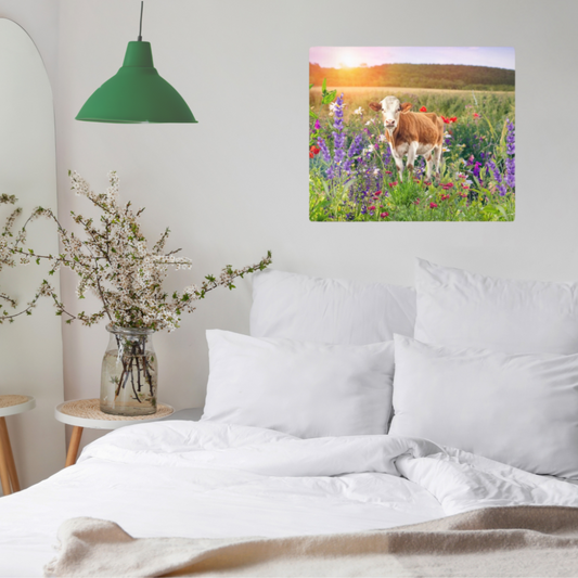 Floral wall art with a cow shown in a bedroom with a green hanging light
