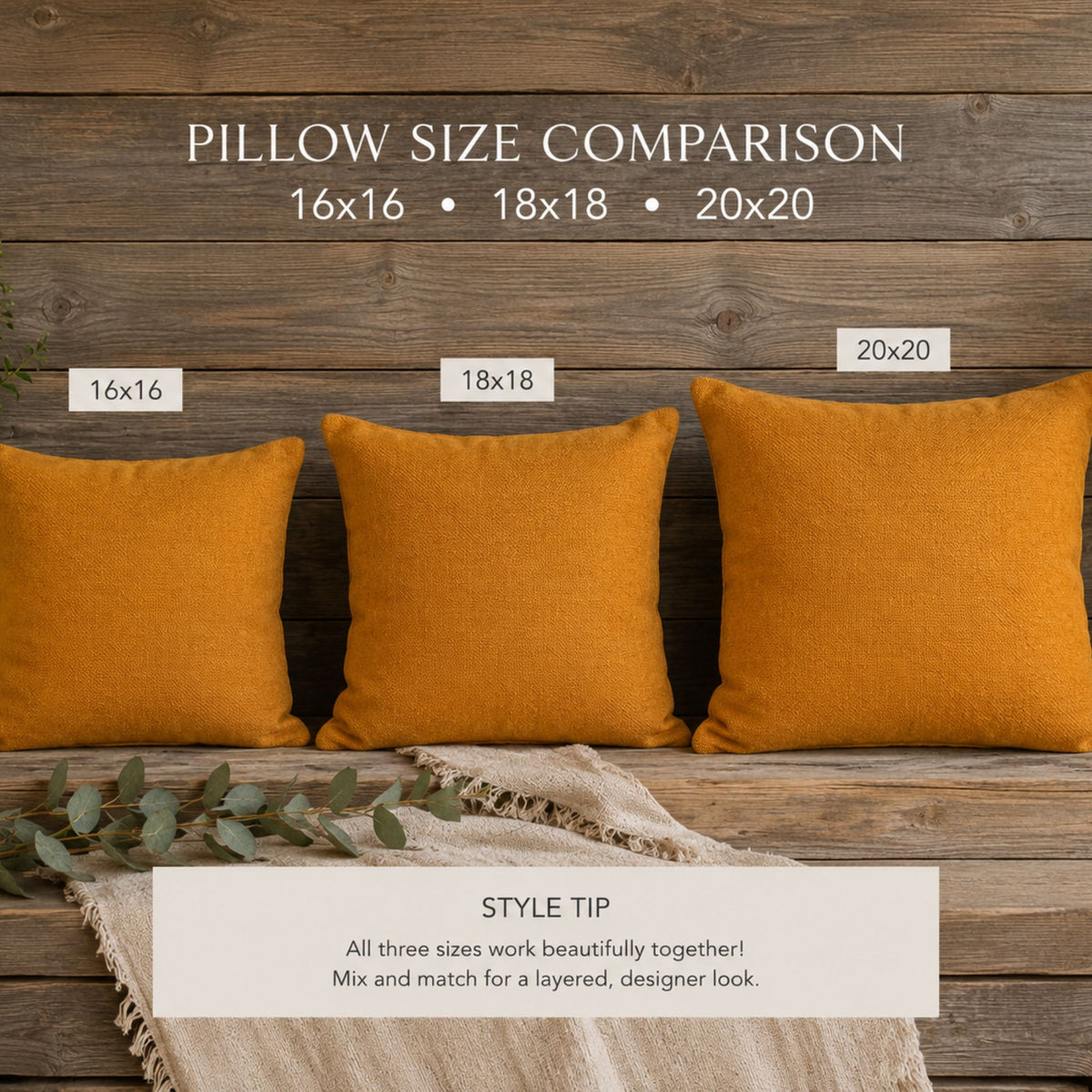 Mustard gold linen-look throw pillow size chart showing three available sizes 16x16, 18x18 and 20x20