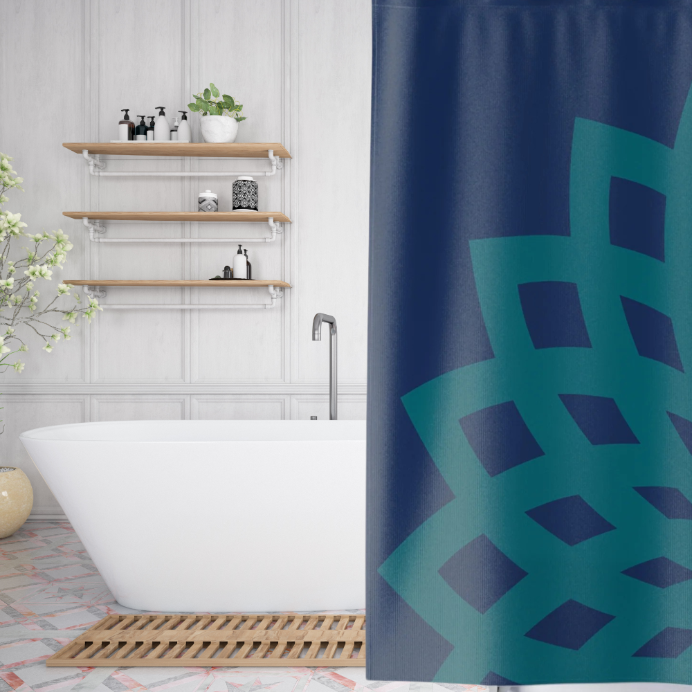 Deep blue curtain with teal floral print in a modern bathroom