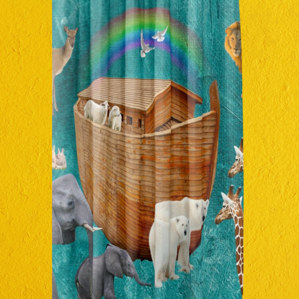 Noah's Ark Rainbow Shower Curtain Shown on a bright yellow wall