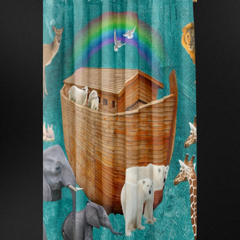 Noah's Ark Rainbow Shower Curtain Featuring a beautiful blue background a rainbow and pairs of animals. Shown on a black background