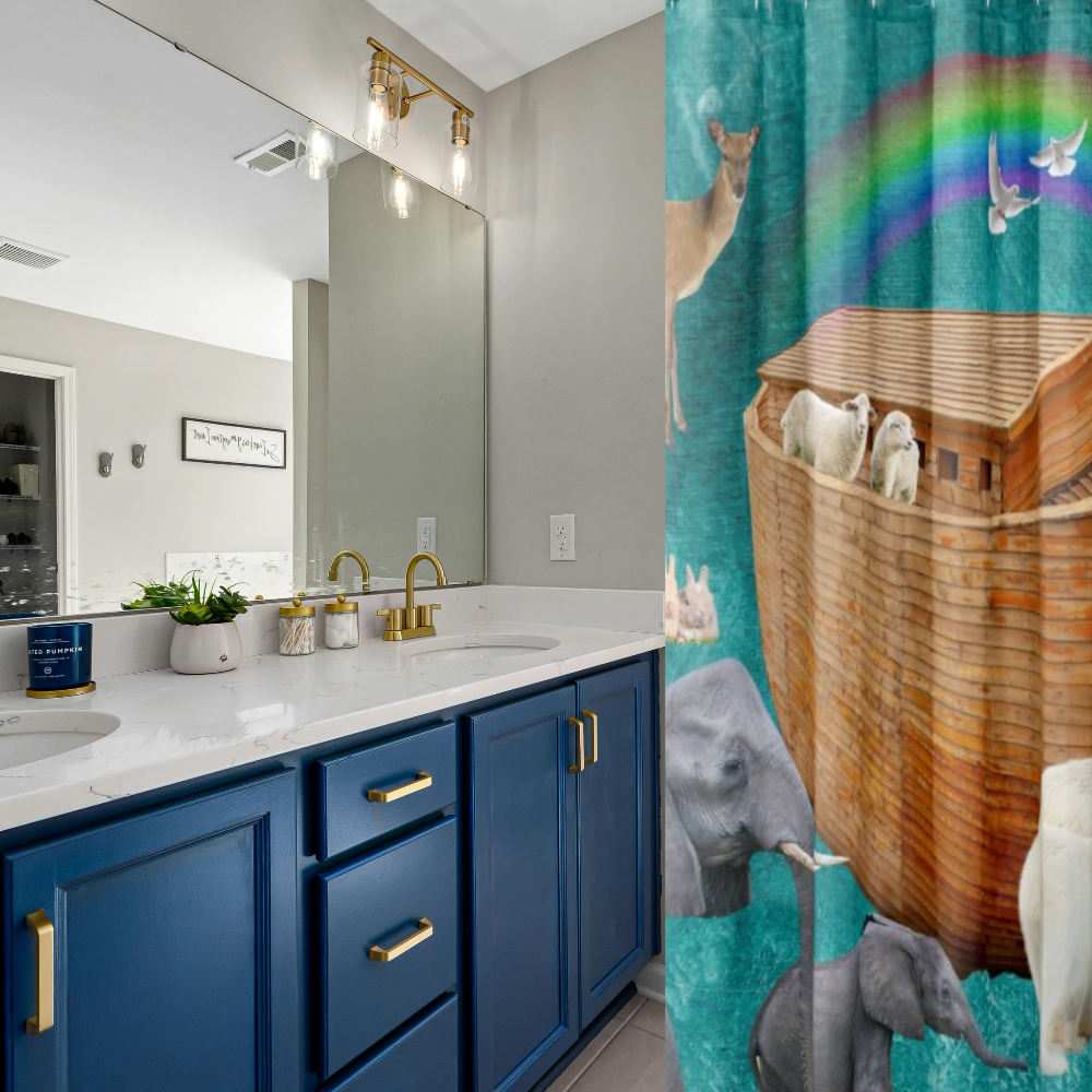 Noah's Ark Rainbow Shower Curtain Shown in a bathroom with dark blue cabinets