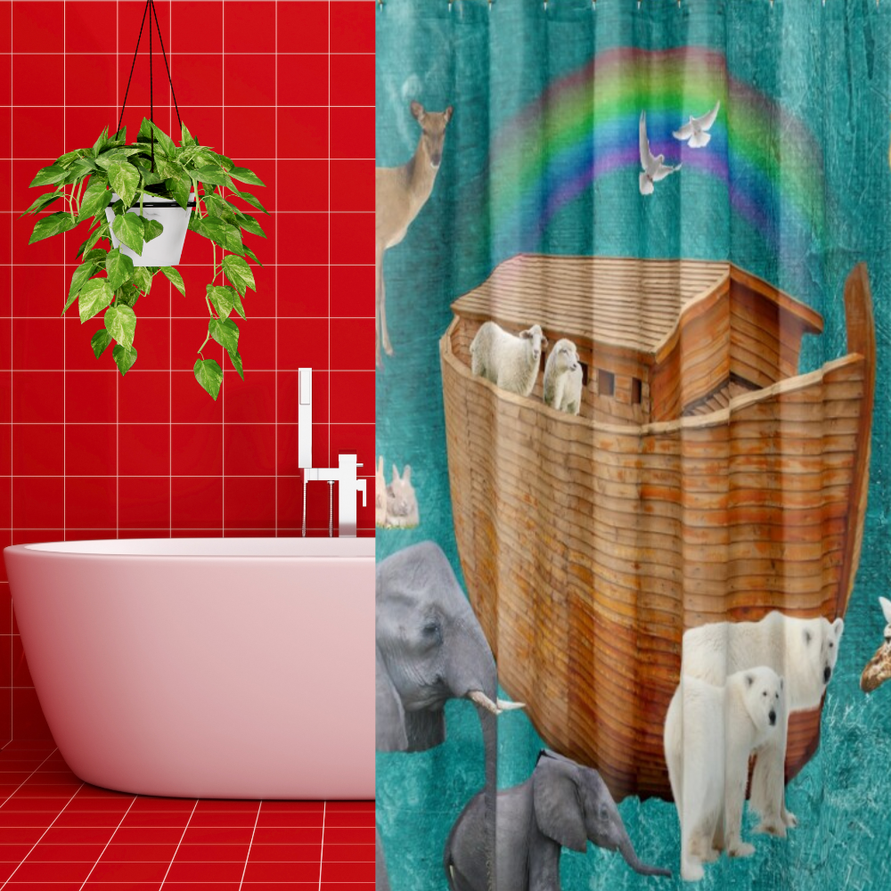 Noah's Ark Rainbow Shower Curtain Shown in a bathroom with red tiled walls
