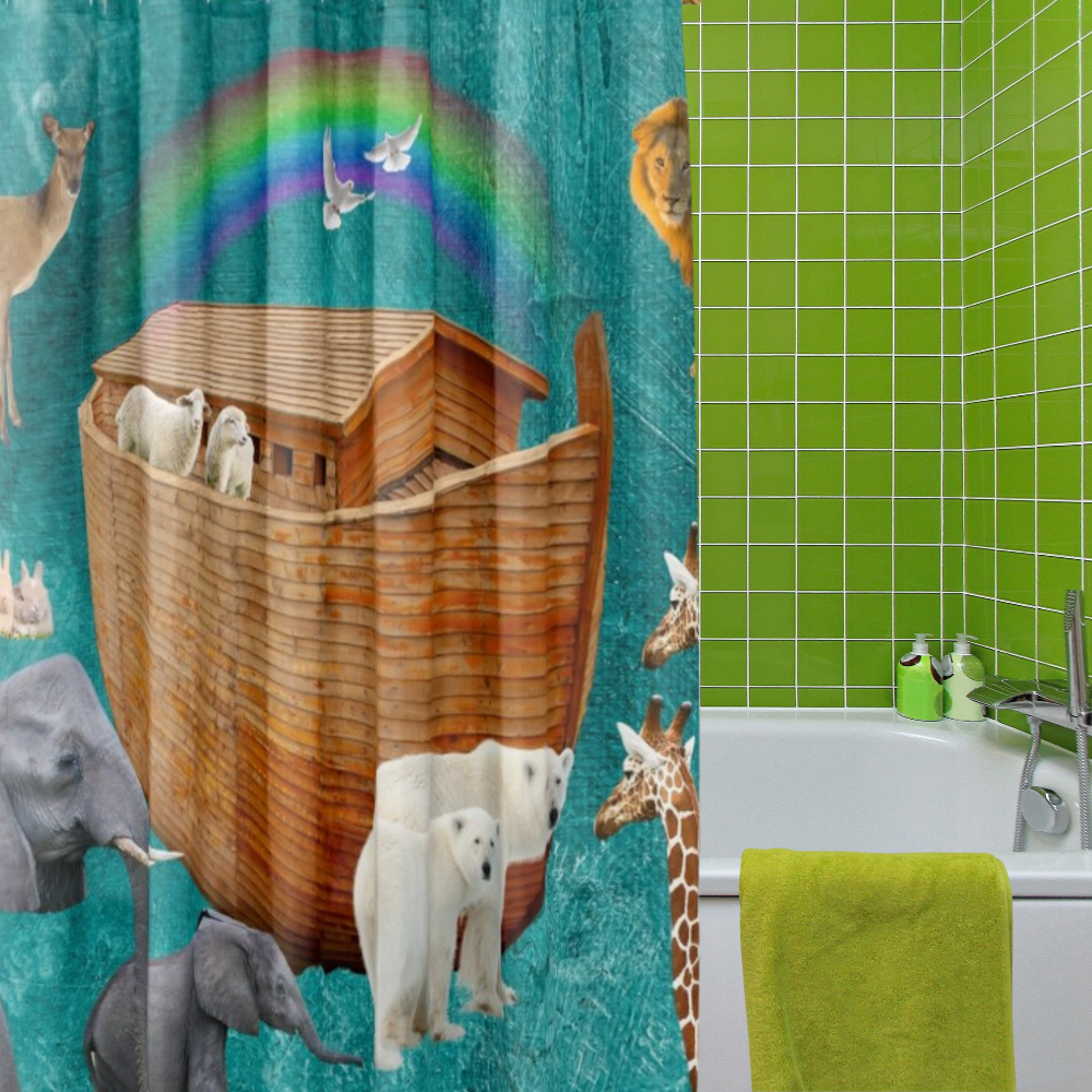 Noah's Ark Rainbow Shower Curtain Shown in a bathroom witth bright green tile