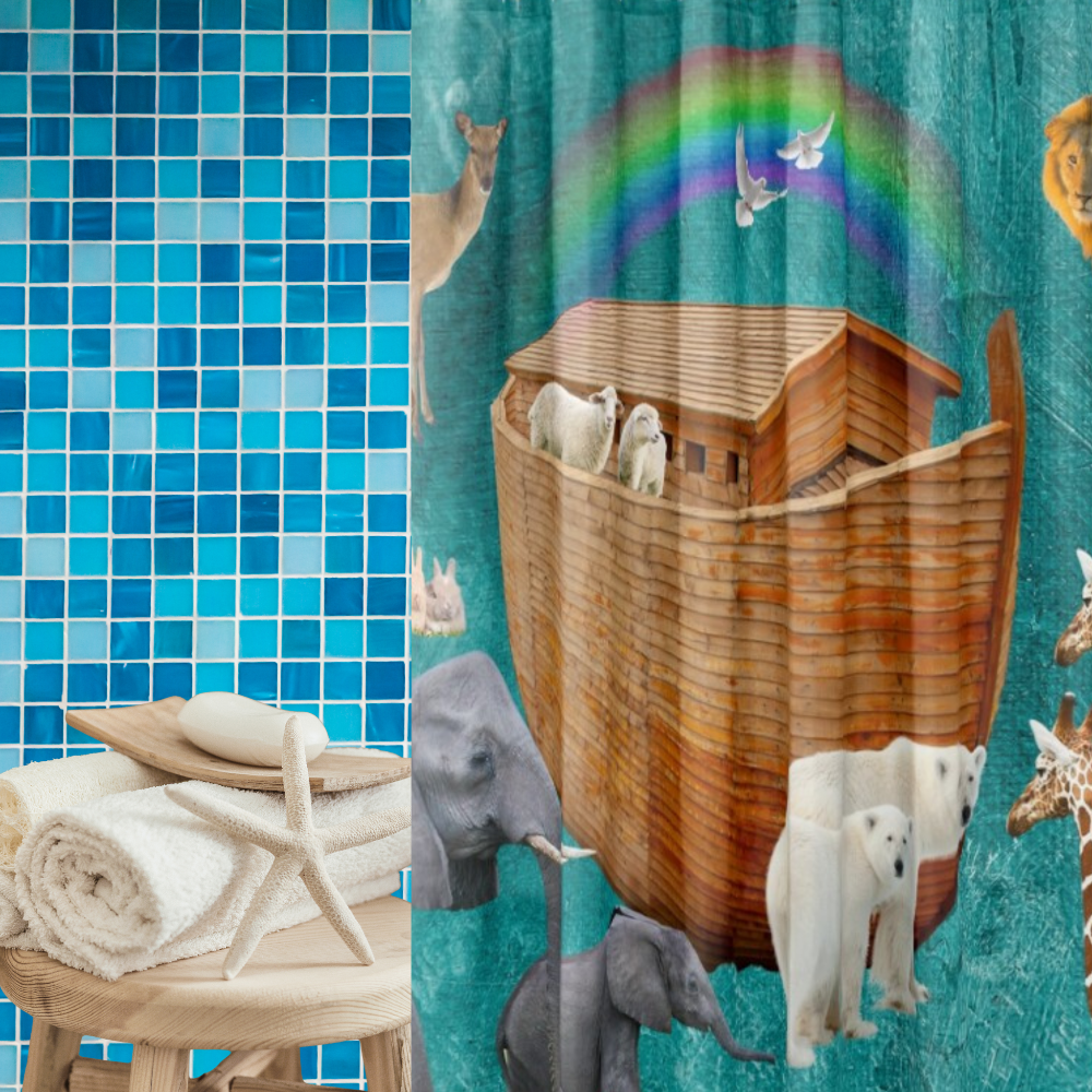 Noah's Ark Rainbow Shower Curtain Shown in a bathroom with a blue tiled wall