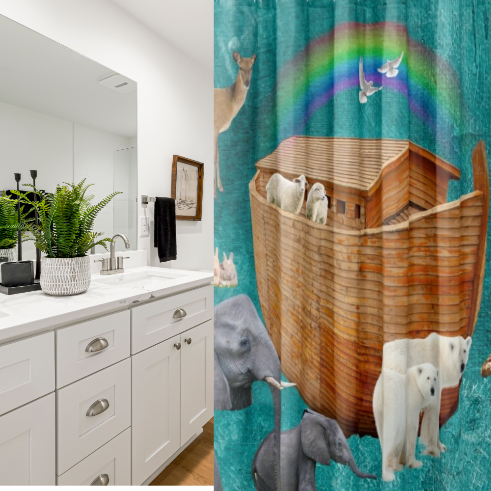 Noahs Ark Shower Curtain Shown in a bathroom with white cabinets