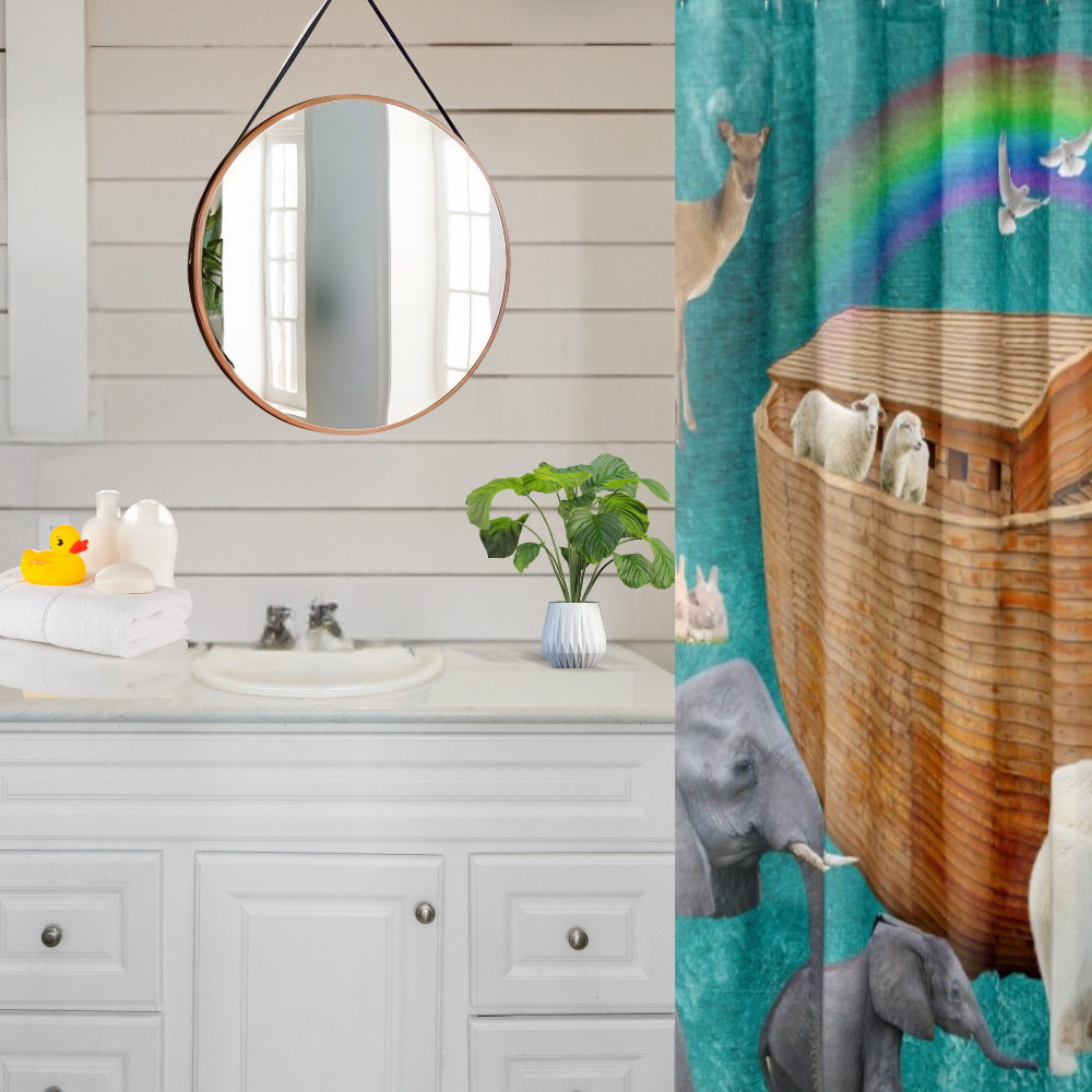 Noah's Ark Rainbow Shower Curtain Shown in a modern white bathroom