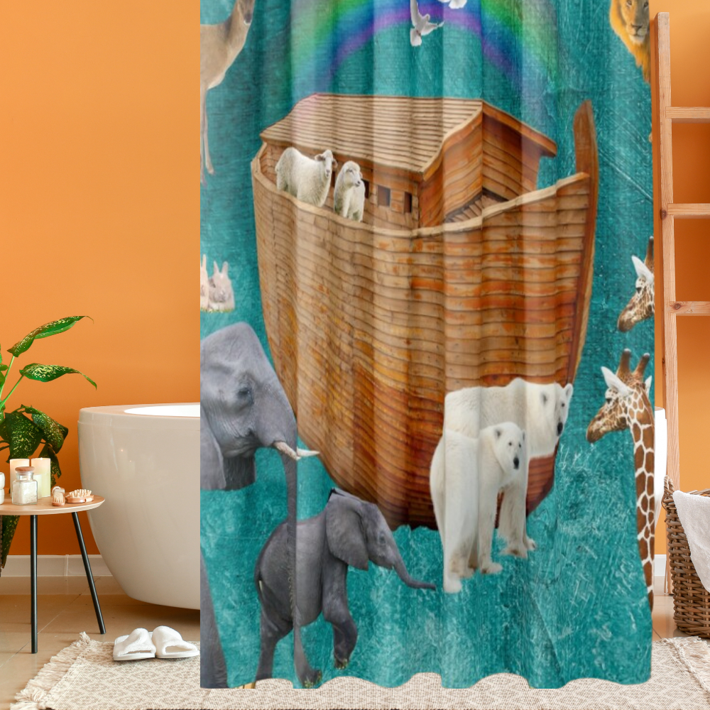 Noah's Ark Rainbow Shower Curtain Shown in an orange, contemporary bathroom