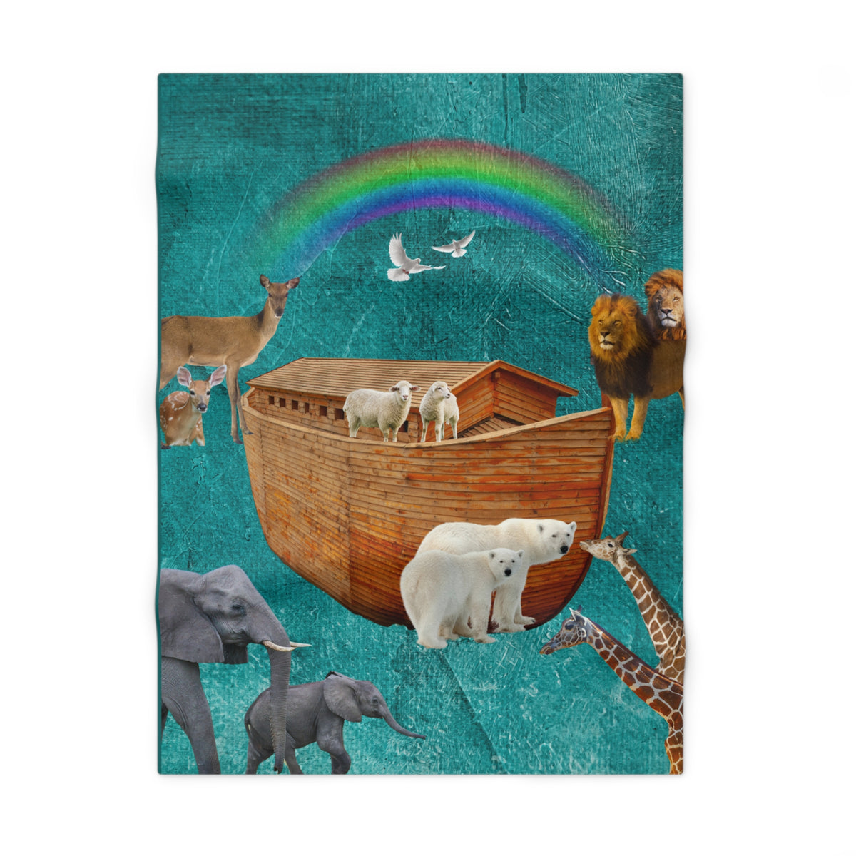 A rectangular soft fleece baby safe blanket featuring a Noah's Ark scene with a wooden ark, animals including a deer, lion, polar bears, elephant, giraffe, and birds, plus a rainbow, set against a textured teal background.