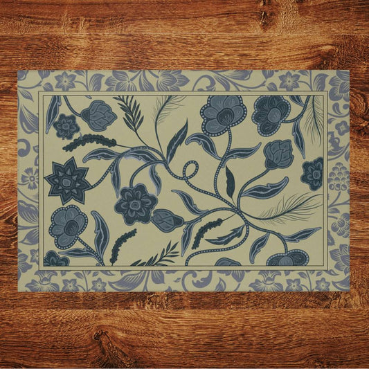 Sage and Blue Floral area rug shown on a dark wood floor