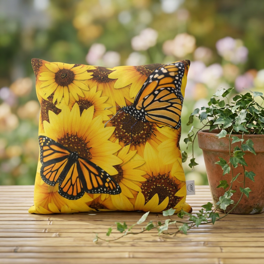 Decorative pillow with sunflower and butterfly pattern on a wooden surface with a plant in the background