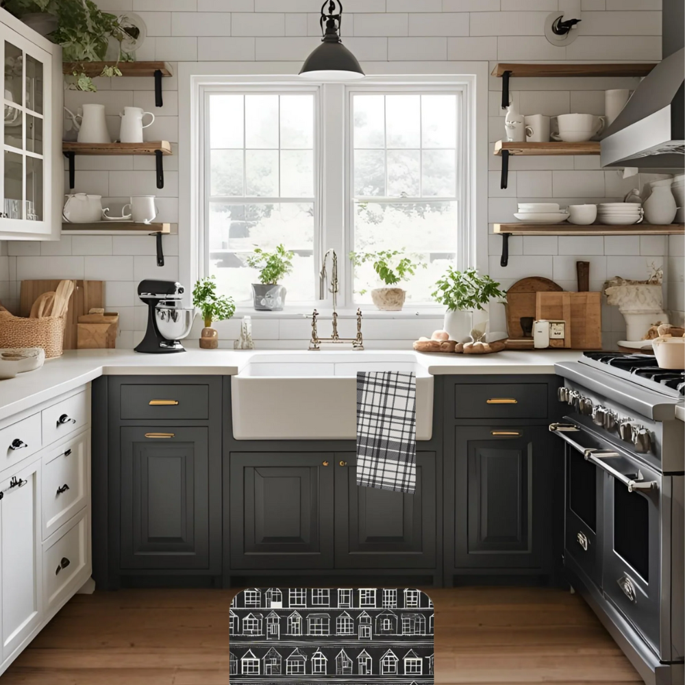 Shown in a farmhouse style kitchen with our home sweet home area rug