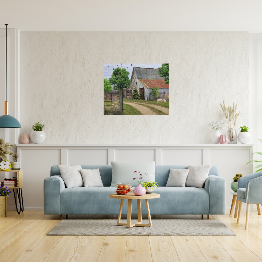 Rustic Landscape with Sheep shown in a modern farmhouse style living room with a comfy blue couch