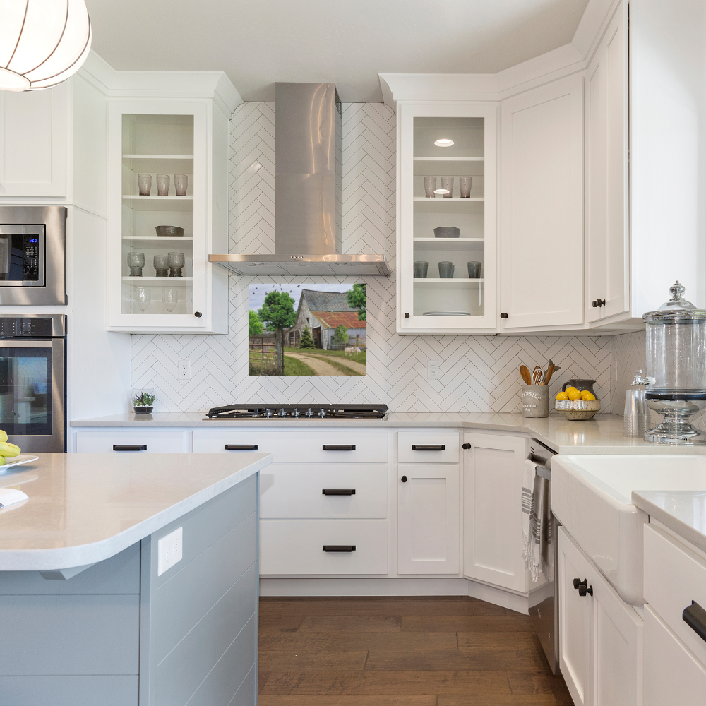 Rustic Landscape with Sheep shown in a modern white kitchen